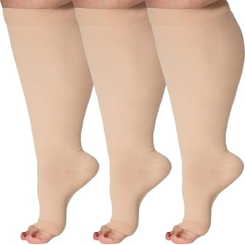 Image of (3 Pairs) Open Toe Plus Size Compression Socks for Women and Men 15-20mmHg - Toeless Wide Calf Support Stockings - A515