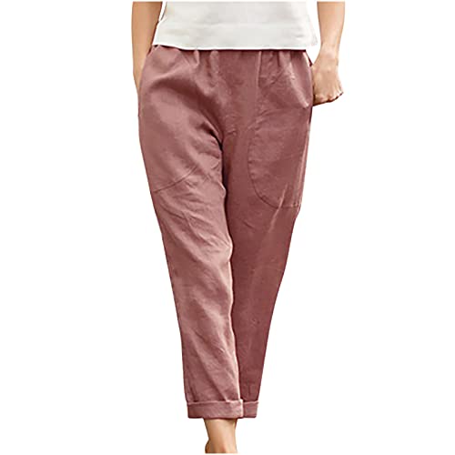 Image of LRMQS Cotton Linen Pants Women Casual Summer 2026 Trendy Loose Fit Beach Wide Straight Leg Trousers with Side Pockets