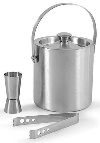 Image of HAINE Stainless Steel Barware Set of Double Wall Ice Bucket, Ice Tong and Peg Measuring Jig, 1600 ml