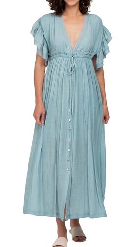 Image of R.Vivimos Maxi Dresses for Women 2026 Summer Short Sleeve V Neck Drawstring Tie Boho Loose Flowy Long Dresses with Pockets