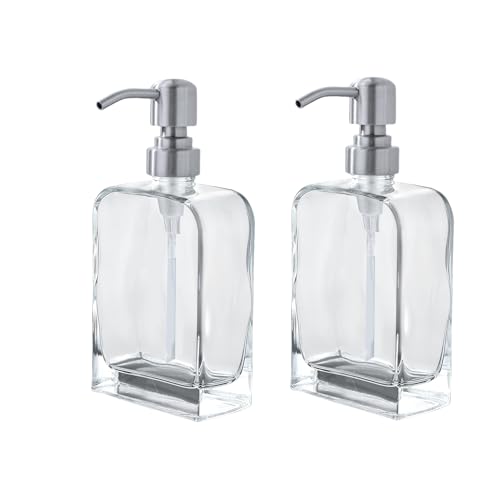 Heouty Glass Soap Dispenser with Rust Proof Stainless Steel Pump, Kitchen Hand and Dish Soap Dispensers 2 Pack Set, Refillable Hand Sanitizer Clear Soap Dispenser Bathroom Set, Brushed Nickel