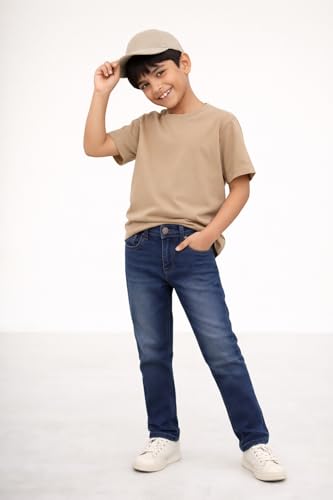 Image of Tales & Stories Boys Slim Fit Denim Jeans | 5-Pocket Stylish Mid-Rise Pants| Durable Cotton Denim Lycra with Button Closure | Casual Wear