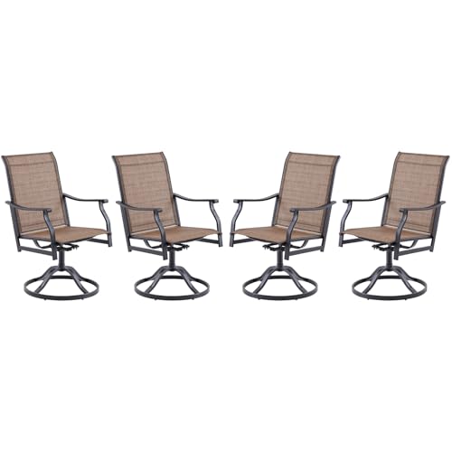 PASBAS Patio Swivel Chairs Set of 4, Outdoor Dining Chairs with Textilene, Swivel & Rocker Metal Outdoor Patio Dining Chair All-Weather for Backyard, Brown Fabric with Black Frame