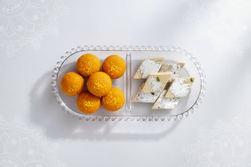 Image of Glassbunny Glass Beaded Serving Platter with Divider, 2-Section Dessert Plate, Clear Crystal Oval Shape Tray for Dry Fruits, Serving Dish, Home Decoration