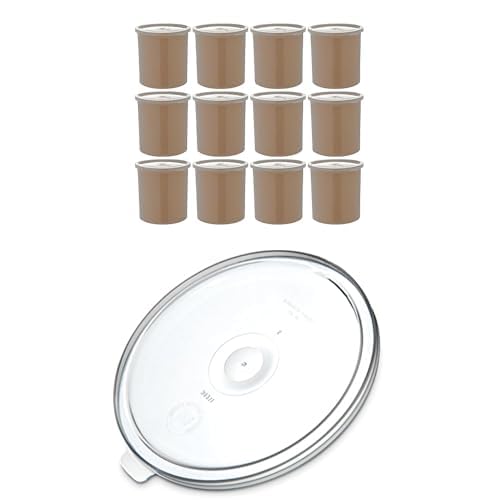 Bundle of Carlisle FoodService Products Classic Round Storage Container Crock with Lid, Plastic, 1.2 Quarts, Beige, (Pack of 12) + Replacement Lids, Plastic, 1.2 Quarts, Clear, (Pack of 12)