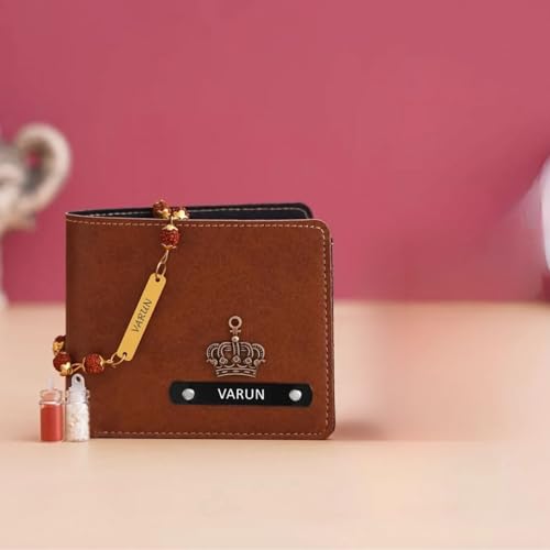 Image of Men's Personalized Wallet with Name Rakhi. Customized Slim Stylish Leather Purse with Metal Name Plate & Charm I Rakhi for Brother and Bhabhi Eco Friendly Rakhi Fo Bhai, Brothers Rakhi