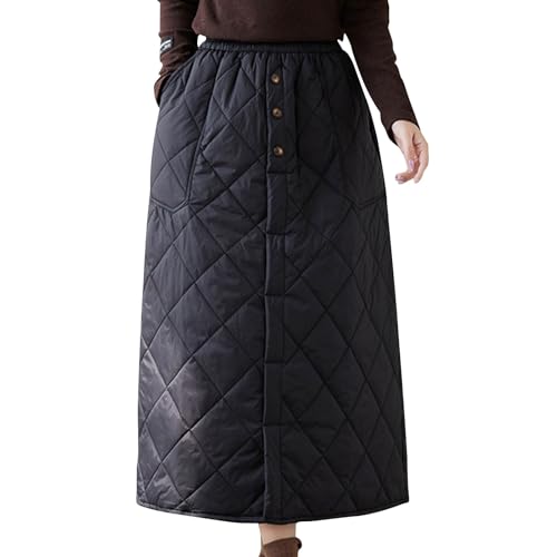 Womens Winter Warm Elastic Waist Padded Quilted Midi Long Puffer Insulated Skirt Front Button Skirts with Pocket
