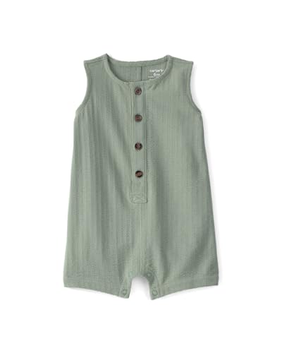 Image of Carter's Baby Boy Sleeveless Cotton Romper | Button Front Printed One-Piece Outfit for Infants | Soft Breathable Everyday Baby Wear
