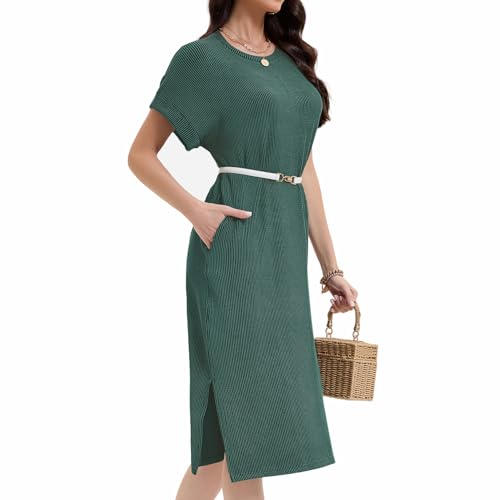 Image of Womens Casual T Shirt Dress Summer Fall Crewneck Loose Fit Side Split Knee Length Dress Ribbed Pattern with Pockets