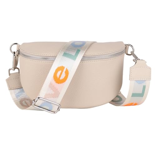 MIRROSI® Bauchtasche Damen, Echtleder, Made in Italy, Umhängetasche, Brusttasche, Crossbody Bag (1 Tasche & 2 Gurte) (Beige (LOVE Beige), Mittelgroße Tasche (25x16x7cm))