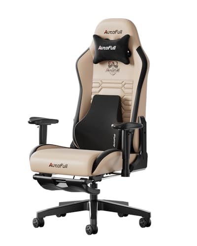 AutoFull Ergonomic Gaming Chair PU Leather Gaming Chair Office Chair, Adjustable Seat Height and Reclination, Headrest and Lumbar Support, Footrest, Brown