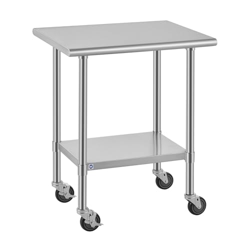 Image of ROCKPOINT All Stainless Steel Prep Table with Caster 24x30 Inch, Commercial Heavy Duty Workbench with Stainless Legs & Adjustable Undershelf, 710 lb Capacity for Outdoor Kitchens with Wheel