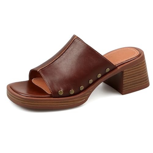 Women's Retro Platform Wedge Sandals,Comfort Buckless Slip On Square Open Toe High Heels Rivets Casual Block Heel Sandal