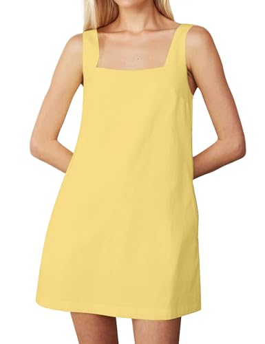 Image of Summer Linen Mini Dress for Women Sleeveless Square Neck Tank Shift Dresses Causal Backless Solid Short Sundress