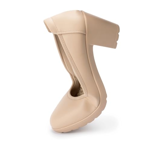 Nude Heels for Women with Arch Support, Chunky Closed Round Toe Block Platform Heel Pumps for Women, Comfortable Low Heel Work Dress Shoes Size 114