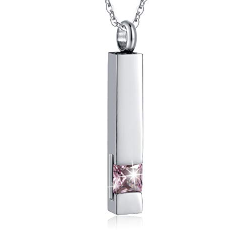 Keepsake Ashes Necklace Cremation Jewelry for Ashes Men Women Vertical Bar Zircon Urn Necklace for Ashes Mom Dad Grandpa Grandma (Z-Pink Gemstone)