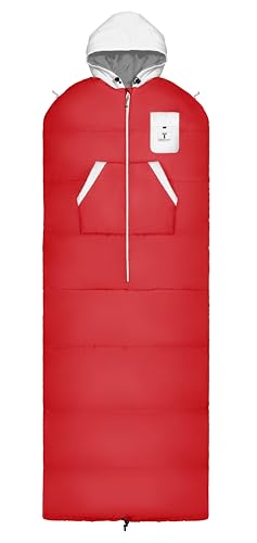 Thermotuff Wearable Sleeping Bag with Dual Hoodie, Zippered Arm Holes, Pockets & Adjustable Drawstring - Ideal for Camping, Cold Weather Hiking, and Stadium Sak Blanket (Red & White L-XXL)
