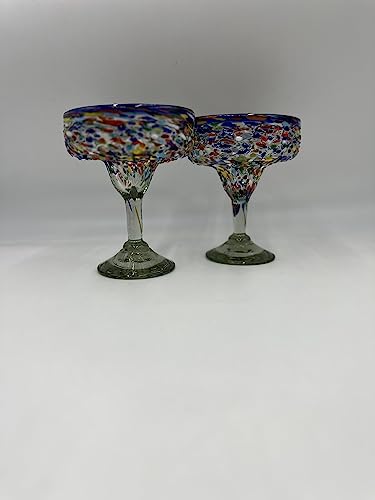 Set of 2 Blue Rim Margarita Glasses, Handblown in Mexico Strong & Sturdy Pebbled Glasses