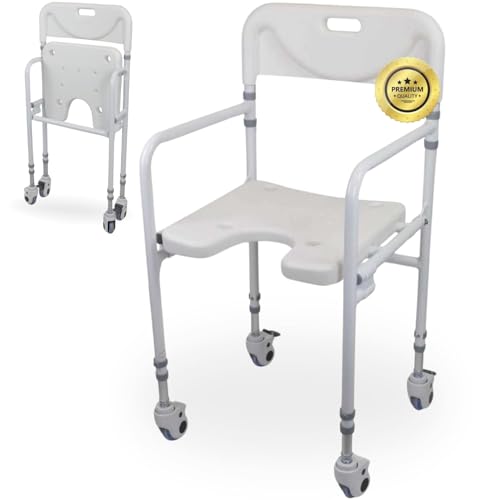 OrtoPrime Silla Ducha Personas Mayores Forma U con Ruedas Silla Baño Adultos Plegable - Silla Ducha Mayores Ortopédica - Silla de Baño Taburete Ducha para Mayores con Respaldo Altura Regulable