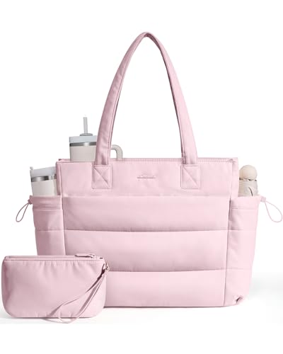 LOVEVOOK Tote Bag for Women with Giant Tumbler Holder Pocket, Puffer Work Travel Laptop Handbag with Zipper for Nurse Teacher