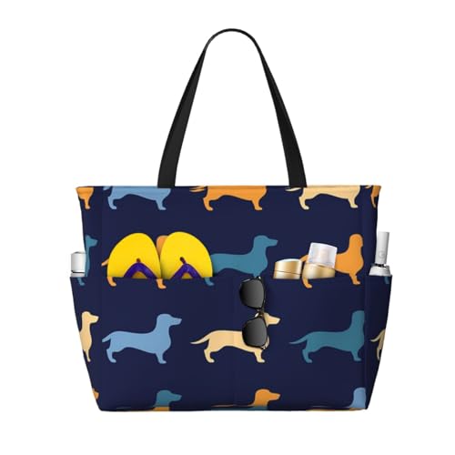 Grand sac de plage Teckel bleu orange en toile robuste de qualité supérieure pour femme