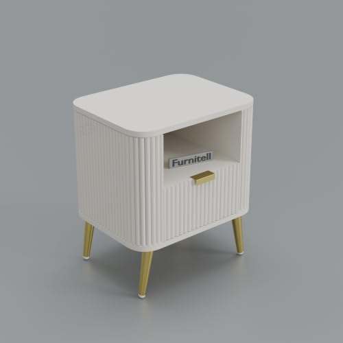 Image of Premium HDMR Wood Bedside Table with 1 Drawer & Open Storage Shelf, Fluted Nightstand with Golden Legs for Bedroom, Modern End Table, for Living Room, White Finish (18 x 14 x 18 Inch)