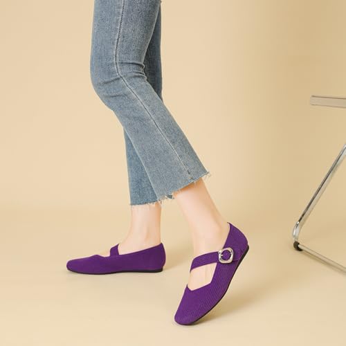 Women’s Knitted Square Toe Mary Jane Flats Adjustable Strap Softsole Ballet Shoes with Arch Support Comfortable Office Dressy Flats4