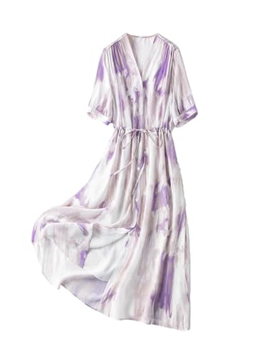 HEYDHSDC Bedrucktes Damenkleid, 100 % echte Seide, V-Ausschnitt, langes Wickelkleid, Frühlings- und Sommerkleidung, hellviolett, Medium