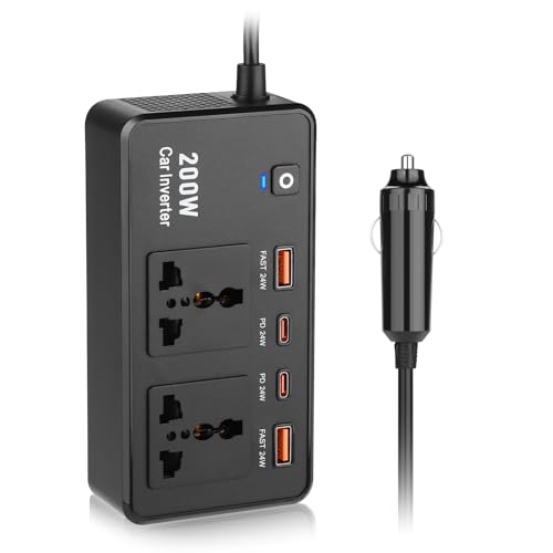 Qsvbeeqj Inversor de corriente para automóvil de 200 W CC 12 V a CA 220 V con puertos USB para tabletas, ordenadores portátiles y dispositivos móviles, viajes de negocios, viajes de larga distancia