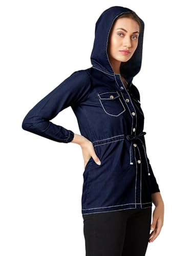 Image of Miss Chase Women's Polo Neck Full Sleeves Patch Pocket Denim Overcoat Knee-Length Jacket