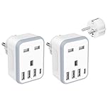 Loydia 2 Pack European Travel Adapter - 5 in 1 UK to EU Adapter with 4 USB Ports, UK to Turkey Travel Plug, Grounded Schuko Plug for Germany, France, Spain, Portugal, Poland, Austria (Type E/F)