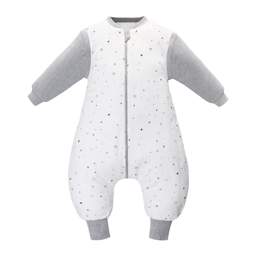 Miracle Baby Saco de Dormir para Bebé con Pies, Algodón 100%, 2.5 TOG Pijama Manta con Mangas Extraíbles para Niños, Unisex, Ideal para Otoño e Invierno, 2-4 años (Estrellas Grises)
