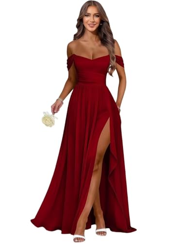 Meicuhap Off Shoulder Bridesmaid Dress High Slit Ruffles Chiffon Wedding Guest Formal Evening Gown for Women with Pockets Wine red 4