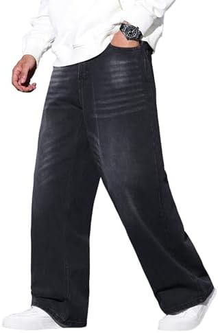 QGRSWBC Men's Baggy Hip Hop Jeans Wide Leg Skater Denim Pants Casual Loose Fit Streetwear Black Grey
