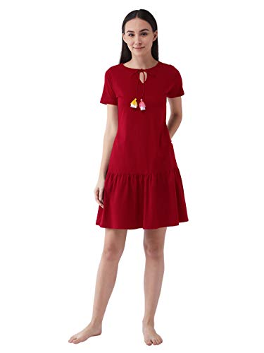 Image of Miss Chase Women's Maroon Round Neck Short Sleeve Solid Comfortable Regular Length Dress with Pockets