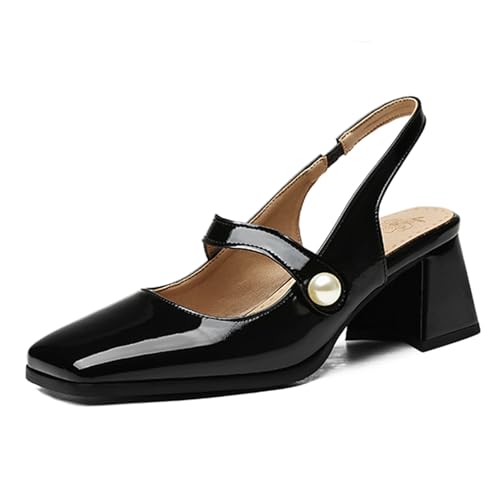 Alyaafifa Block Heel Mary Janes Slingback Pumps for Women 2 Inches Closed Square Toe Patent Leather Dress Shoes Mid Heeled Sandals Comfortable Walking Party Wedding Office Working