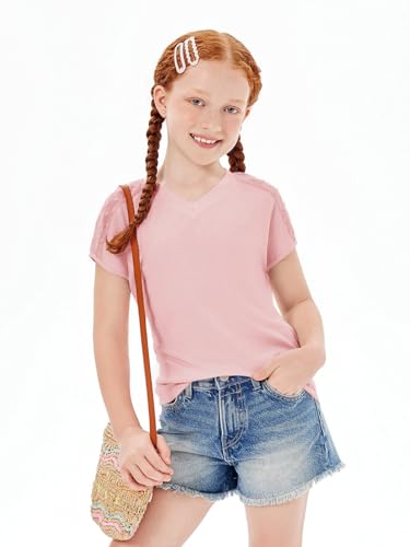 Image of Haloumoning Girls V Neck T-Shirts Kids Summer Swiss Dot Short Sleeve Tops Cute Fashion Tees 5-14 Years