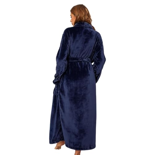 RONGTAI Womens Bathrobe Ladies Fleece Plush Warm Long Robes (Small,Navy Blue) — view 4
