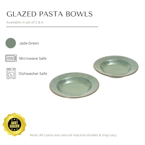 Image of Beyond Homes Ceramic Pasta Plates Shallow, 9.5 Inch, Set of 2 | Gloss Metallic Glaze | Ceramic Pasta Bowls | Stoneware Flat Pasta & Maggie Bowl | Chip-Resistant | Microwave Safe (2, Jade Green)