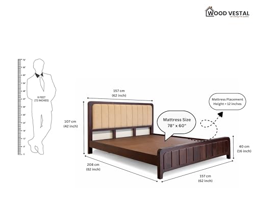 Image of Wood Vestal Sheesham Wood Bed with Upholstered Head & Vertical Slat Foot, Solid Wood in Walnut Finish, Modern Design | Queen Size -(78 inchx60 inch) Without Mattress & Side Tables | Low Hight | QVG - 5' - D