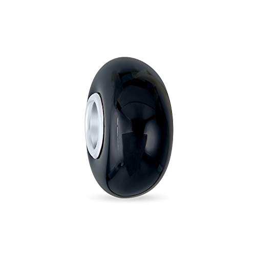 Solid Black Round Murano Glass .925 Sterling Silver Core Spacer Bead Fits European Charm Bracelet For Women For Teen