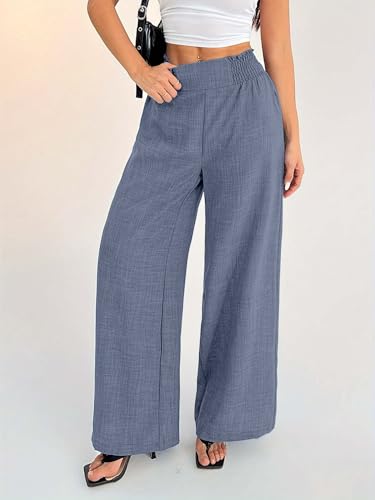 Image of Sugathari Women's Casual Wide Leg Pants - High Waist Elastic Waistband Loose Fit Long Trousers | Lightweight Straight Leg Summer PantsTrouser 254