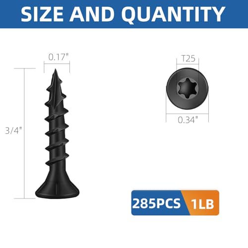 Image of #8 x 3 /4 inch Heavy-Duty Deck Screws - Black Outdoor Wood Screws, Torx Drive with T25 Bit, Rust Resistant for Wood Decking and Fence (1lb,285Pcs)