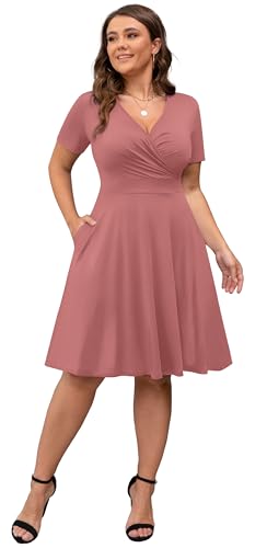 Image of POSESHE Womens Plus Size Dresses Summer Short Sleeve Wrap V-Neck Sundress Casual Wedding Guest Cocktail Dress with Pockets