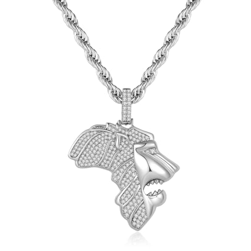 Silver Necklace for Men with Lion Pendant Stainless Steel Rope Chain White Gold Plated Lion King Mens Pendant Necklace Iced Out Hiphop Jewelry