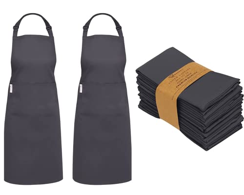 Ruvanti Bundle Of 12-Pack Cloth Napkins (18X18 Inch) With Matching Woman Apron 2-Pack Adjustable Apron With Pockets. 100% Cotton - Soft, Washable Kitchen Linen For Dinner, Wedding & Cocktail Parties #TOP20