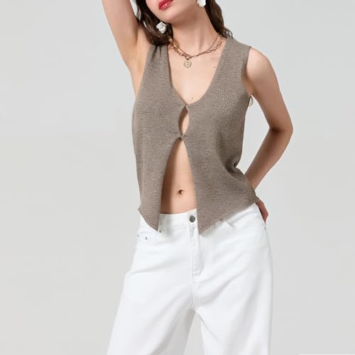Image of Womens Vintage Knittd Tank Y2k Vest Crop Top Sleeveless V-Neck Open Front Button Crochet Knit Vests Versatile Tops