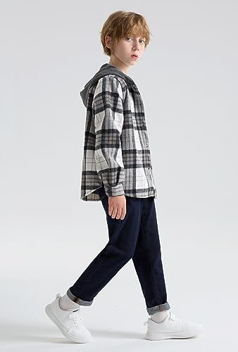 Image of SOLOCOTE Big Boys Flannel Plaid Shirt Kids Cotton Lightweight Hooded Long Sleeve Spring Fall Button Front Jacket