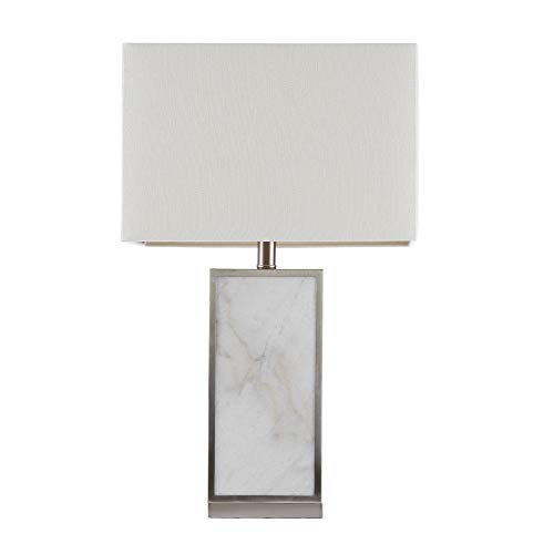 Hampton Hill Walden Desk Lamp, Bedside Nightstand Bedroom Light Modern Luxe Design, Marble Base with Silver Accent, Square Fabric Shade, 25" Tall, White/Silver 1 Table Lamp