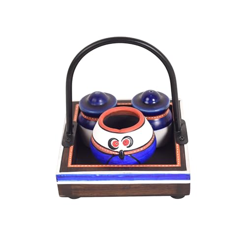Image of Aakriti Art Creations Flavor Harmony Blue Tray Set with Ceramic Salt & Teak Wood | Handcrafted Abstract Art Kitchen & Dining Organizer Set | Matte & Glossy Finish Salt Pepper with Toothpick Holder